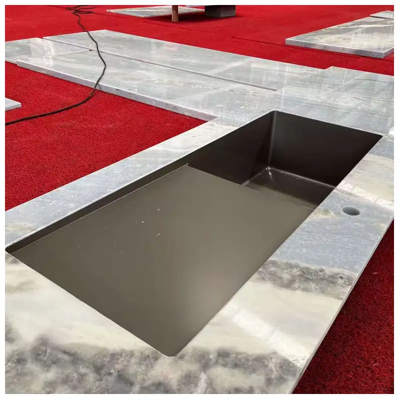 Calcite Blue Marble Kitchen Countertops with Steel Sinks Calcite Blue Marble Kitchen Countertops with Steel Sinks